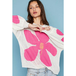 Women's POL White & Pink Floral Crew Neck Sweater M Perfect for a Beach Vacay